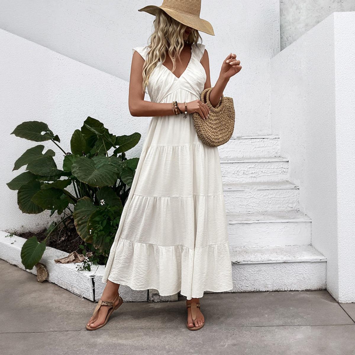 

New Arrival Women s White Sleeveless V Neck Minimalist Dress Casual Beach Holiday Vacation Sundress Crossbody Apparel S