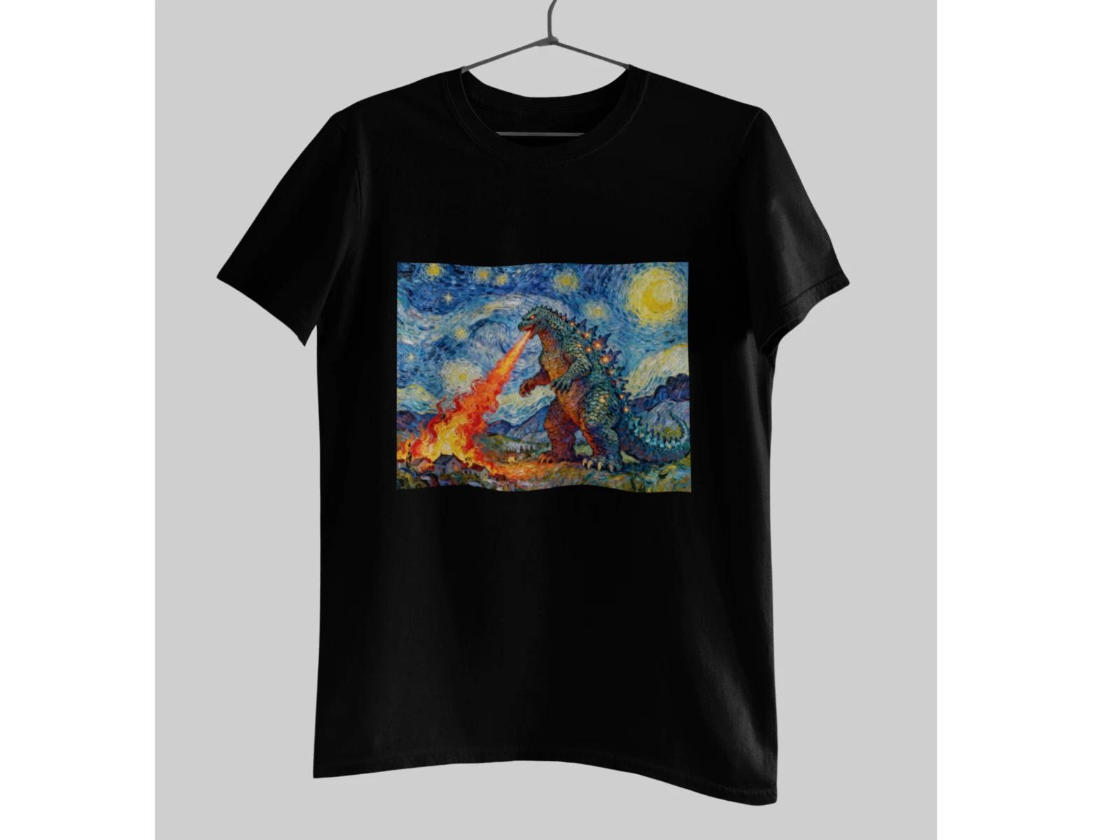 Godzilla Starry Night T-Shirt Van Gogh Inspired Kaiju Art Tee 100% Cotton XXXXL