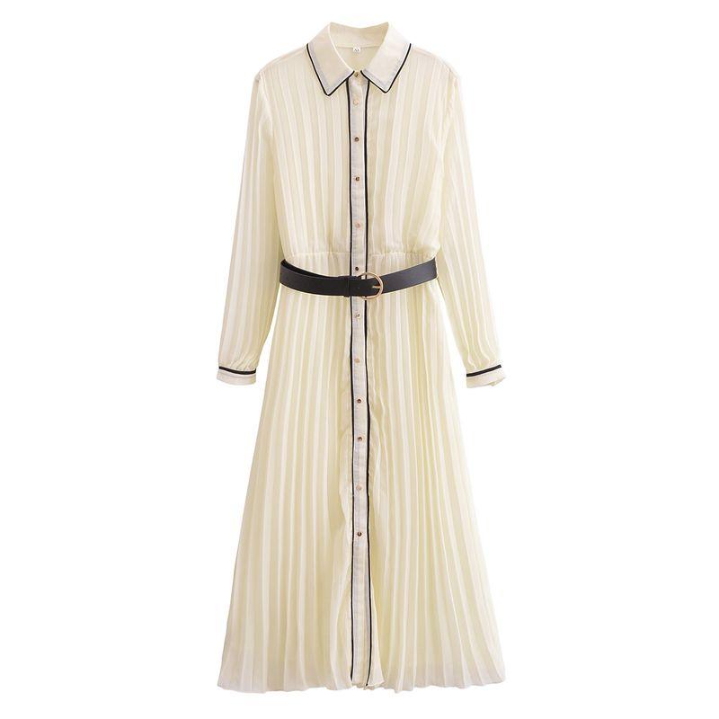 

Kaslead New Arrival Women s Clothing Fashion Style Fashion Minimalist with Belt Pleated Dress 4387021 Beige L