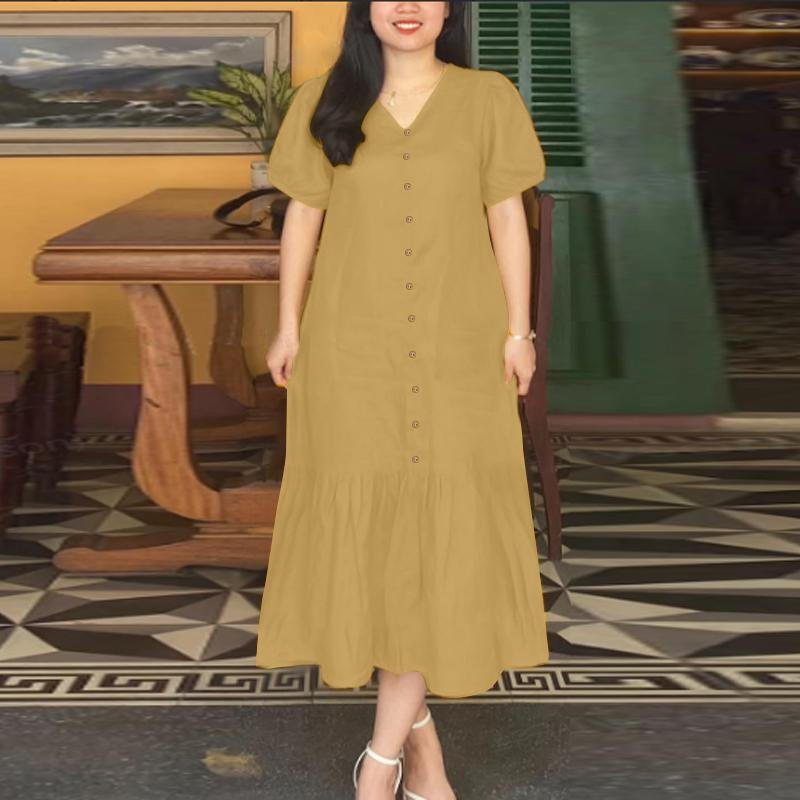 ZANZEA Women Summer V-Neck Solid Color Loose Short Sleeve Dress