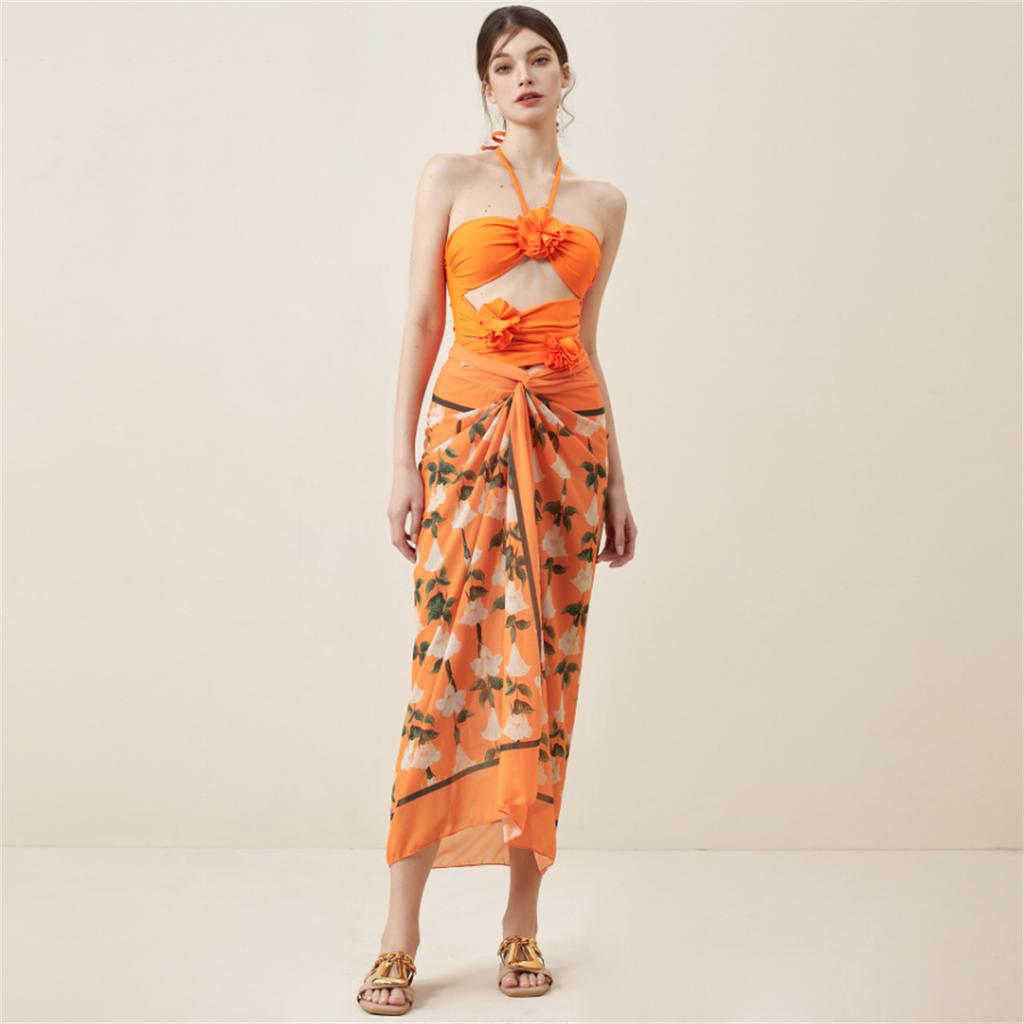 Sexy Bademode Frauen 2024 Badeanzug Coverups für Frauen Sarong Strand Rock Wrap Bikini Badeanzug Set Orange