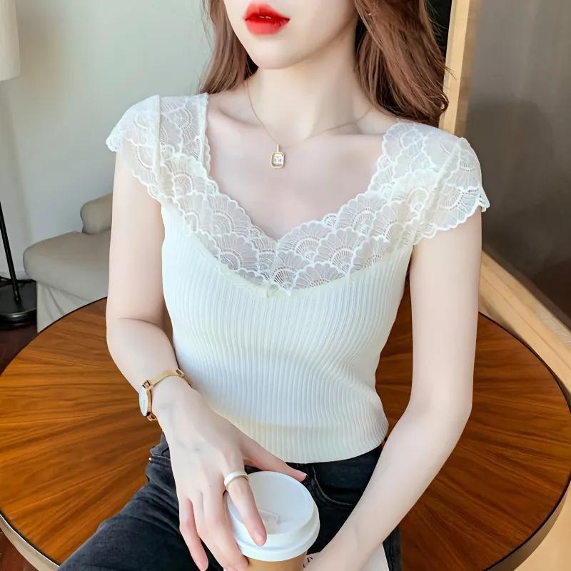 

Lace Vest Spliced knitted Short-sleeved T-shirt for Women Summer New Style Temperament Design Slim and Chic Top S