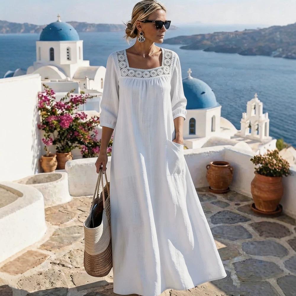 2026 new women's clothing, casual square collar 7-point sleeve cotton and linen solid color women's dress