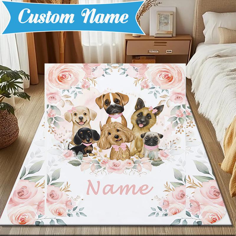 Custom Name Floral Puppies Art Rug for Living Room, Game Rooms, Office, Bedroom, Floor Mat Playful Design, fan gifts Christmas decor