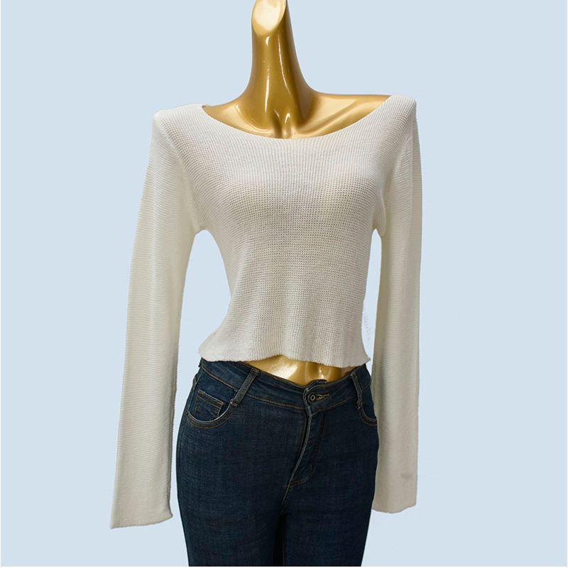 off-Shoulder Collar Long Sleeve Knit Spring Summer Pure Desire Sexy Gyaru Style Loose High Waist Short Cover Up Pullover Top