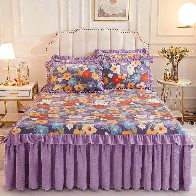 Winter Soft Smooth Velvet Thicken Bedspread High Grade King Queen Size Coral Fleece Quilted Bed Skirt Not Including Pillowcase