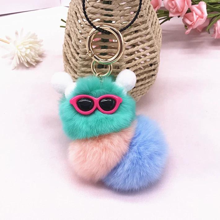 Rex Rabbit Colorful Caterpillar Plush Bag Pendant Keychain Creative Cute Female Mink Jewelry Gift