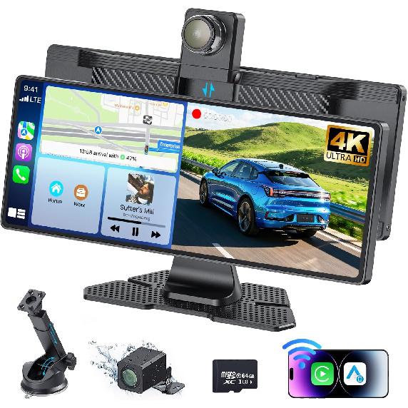 10.26" Portable Wireless Carplay Screen for Car, 4K HD Car Stereo Touch Screen with Apple CarPlay/Android Auto, 4K Dash Cam, 1080P Backup Camera,