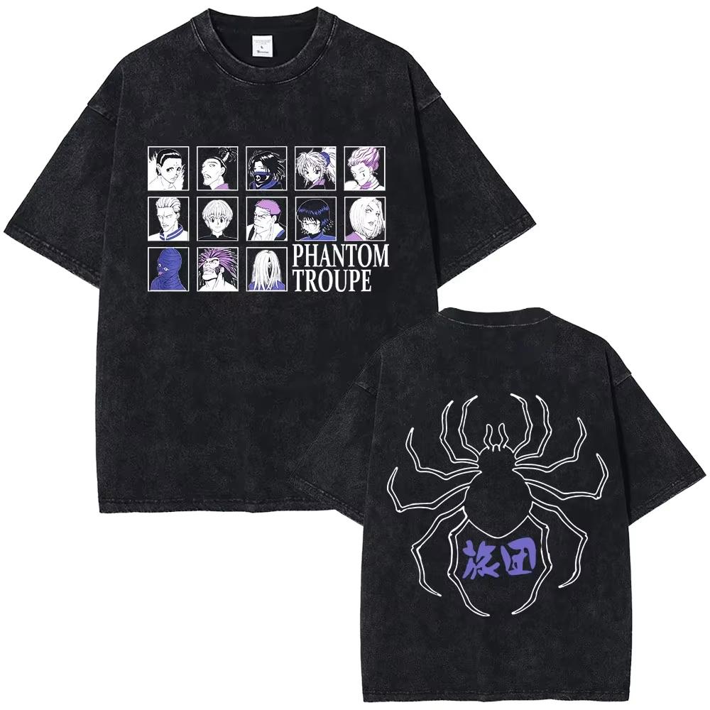 Anime Hunter X Hunter Vintage Washed T Shirt Phantom Troupe Feitan Potoo Shizuku Machi Hisoka Chrollo Spider New Top 2XL