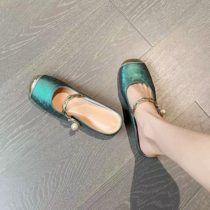 

Single shoes new autumn bag head half drag women s inner height increase thick heel Mary Jane slippers 40 зелёный