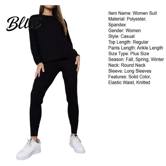 Women Commuter Suit 2 Pcs/Set Top Pants Knitted Round Neck Long Sleeves Plus Size Solid