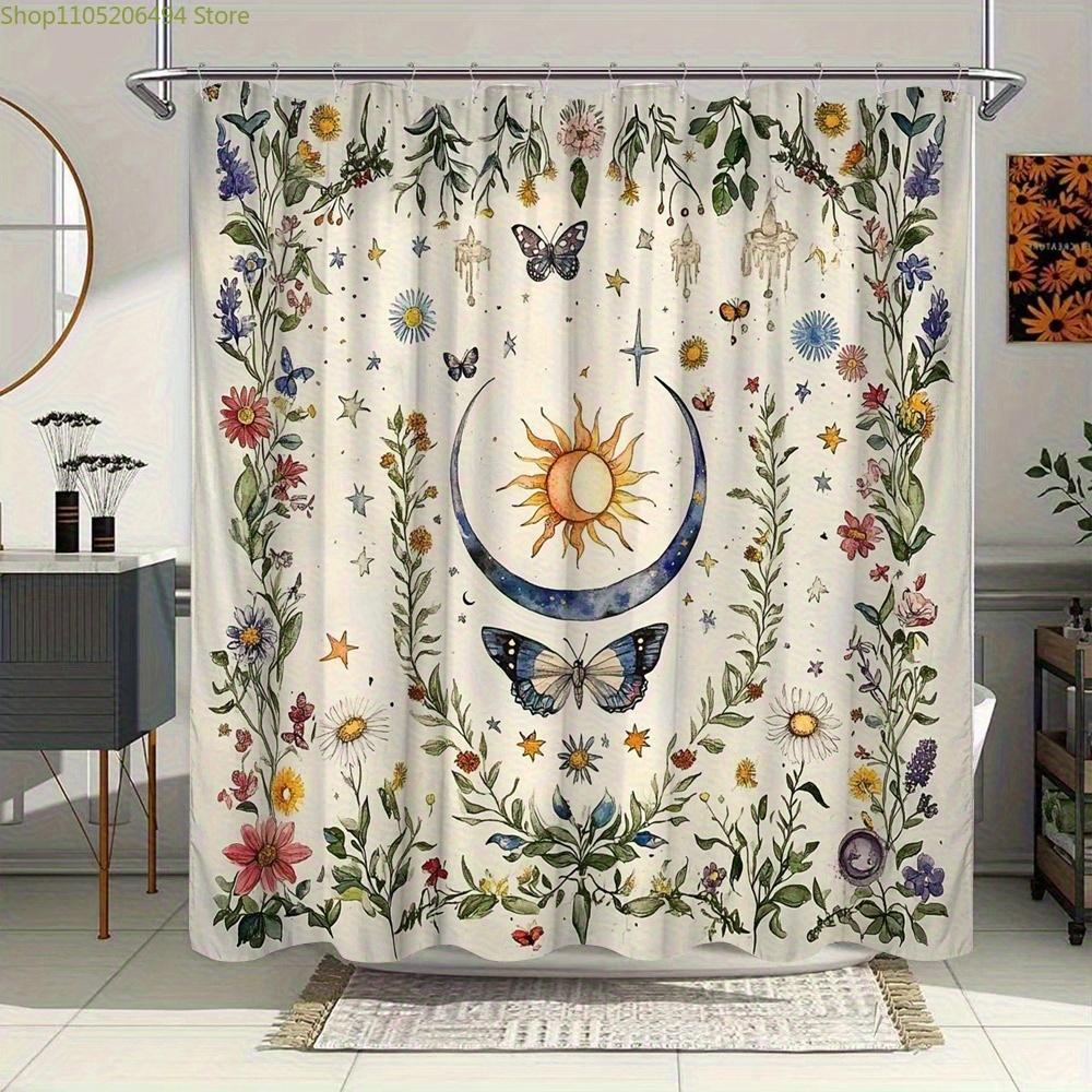 

1pc Floral and Celestial Bath Curtain - Elegant Bathroom Window Drapes with Hooks, High Quality Polyester Shower Curtain for M 90x180cm