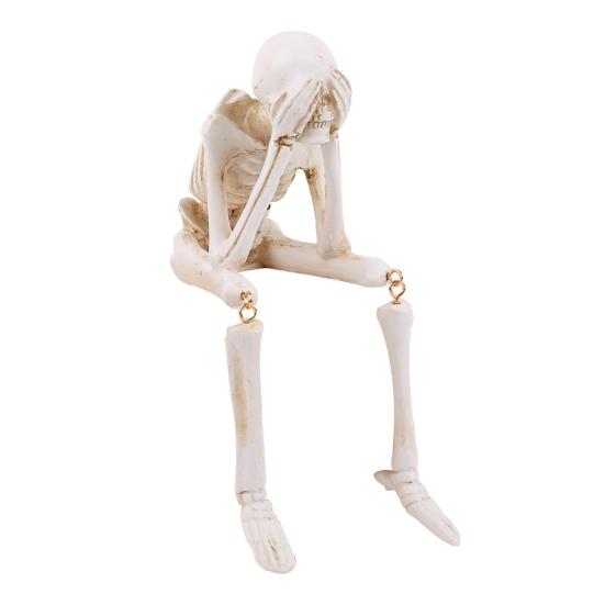 Halloween Skeleton Statue Resin See Speak Hear No Evil Skeleton Figurine with Dangling Legs for Indoor Mantel Table Shelf Decor