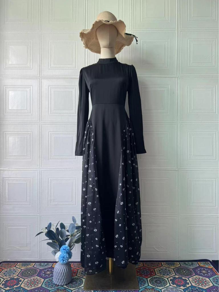 2025 Spring Long-Sleeved Floral Print Dress - European and American Style, Round Neck, Long Skirt