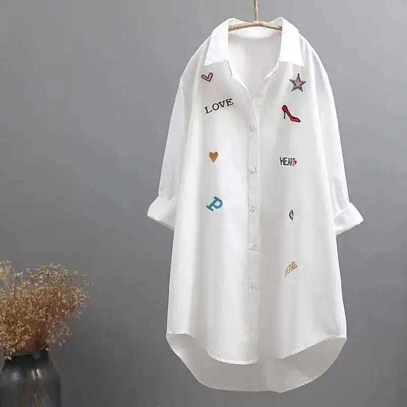 Korean Fashion Summer Shirts Women's Peter Pan Collar Embroid Single Breasted Long Sleeve Loose Mid-length Top