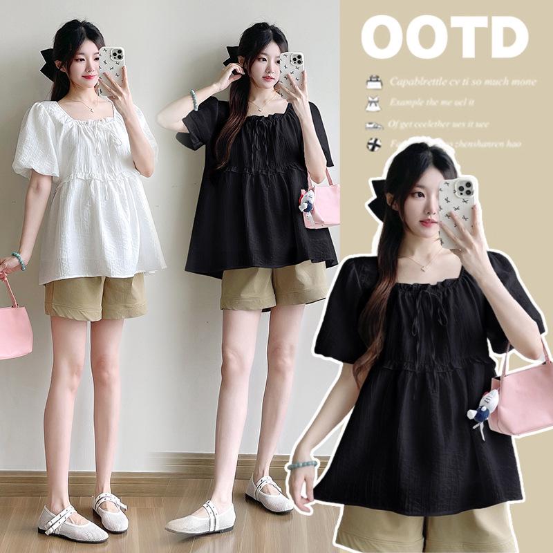 Korean Style Elegant Square Neck Lace-Up Maternity Top XL