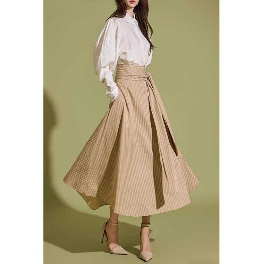 Women's Striped Irregular Midi Skirt, 2025 Spring/Autumn Collection, High Waist Tie A-Line.