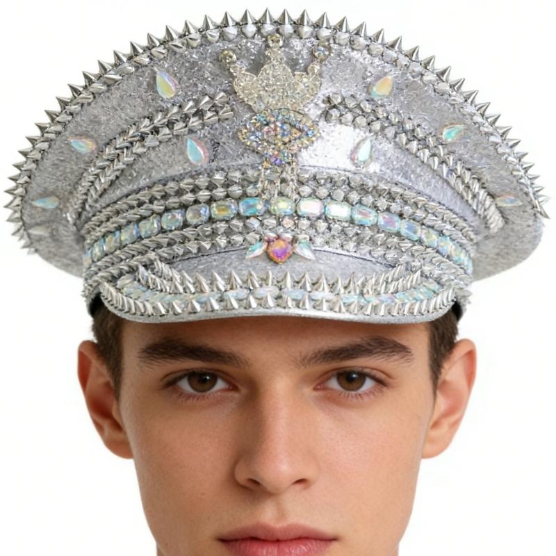 Captain Cap With Sparkling Crystals Sequins Rivet Studdeds For Daily Wear Outdoor Event And Special Occasion Photoshoots