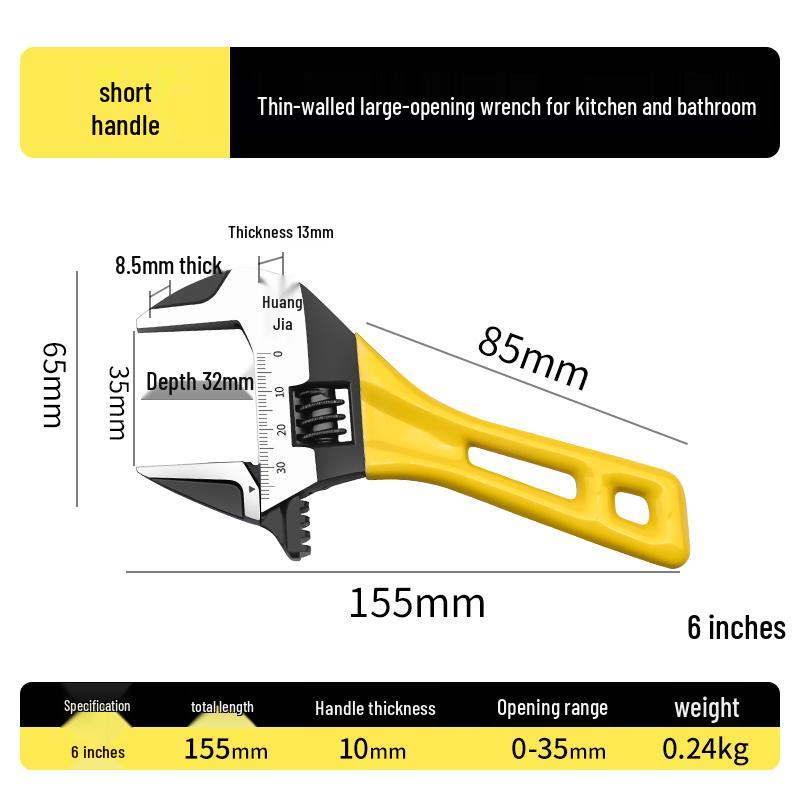 Large Opening Multifunctional Adjustable Wrench with Short Handle for Bathroom Use