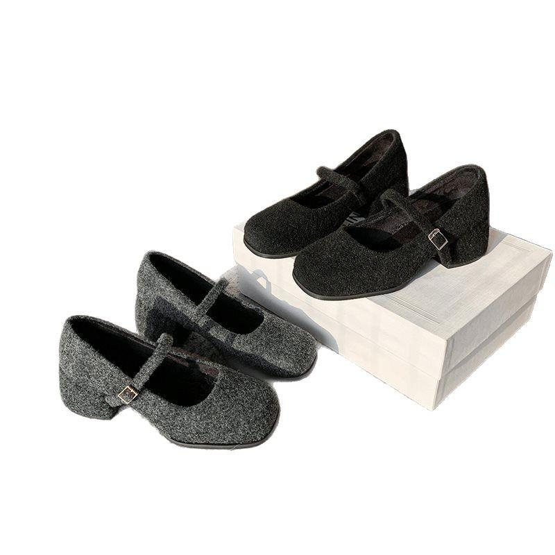 Pendler dicke Absätze hohe Absätze französische Wollschuhe 2025 Mary Jane Einzelne Schuhe eckige Spitze grau Flaum kleiner Duft Damen neue Modelle