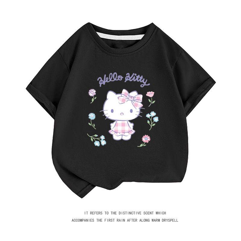 New Childrens Sanrio Hello Kitty Short Sleeved Pure Cotton Round Neck Fashionable Printed Tshirt Cartoon Parentchild Outfit