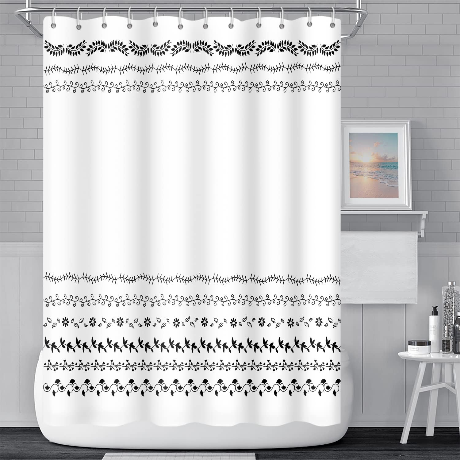 

Boho Embroidery Shower Curtain Black White Pattern Bathroom Decor Minimalist Design Ethnic Art Tribal Look Elegant Style Bath W60H190(CM)-1 Pcs