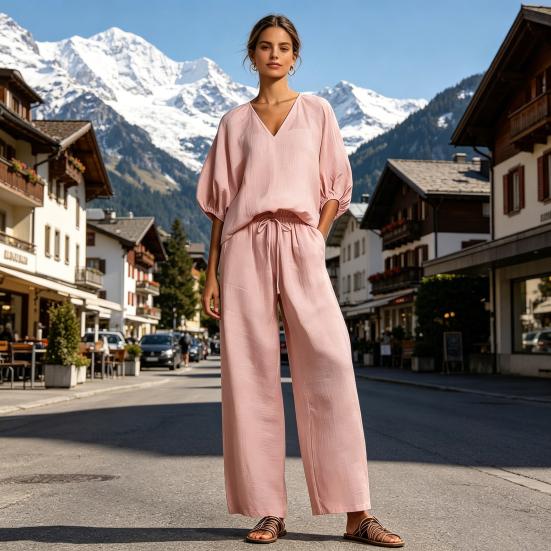 Yousheng Women's Casual 2 Piece Lounge Sets Puff Half Sleeve V Neck Top And Wide Leg Pants Travel Vacation Outfits with
