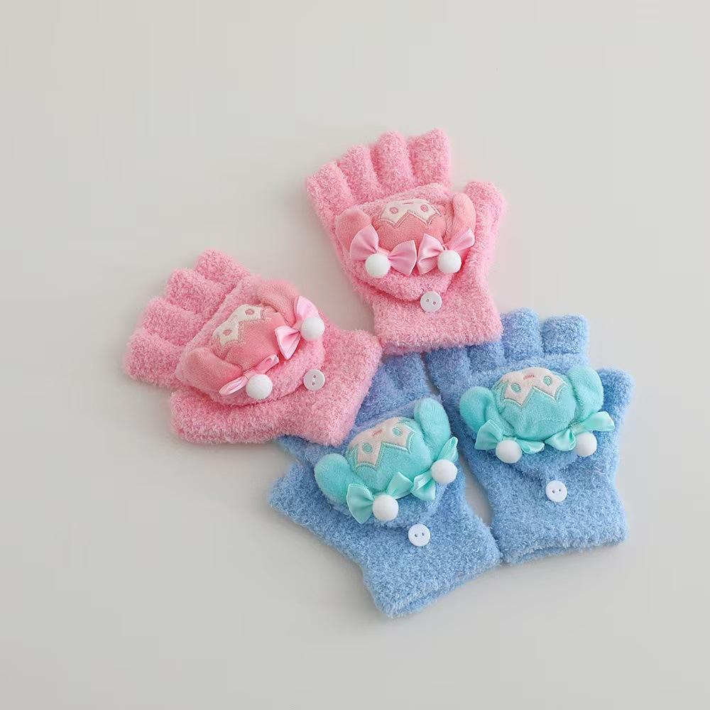 Warme Flip-Handschuhe für Kinder, süße Cartoon-Puppe, süßer Halbfinger, Korallensamt, Halbfinger für Jungen und Mädchen, Herbst- und Winterferien