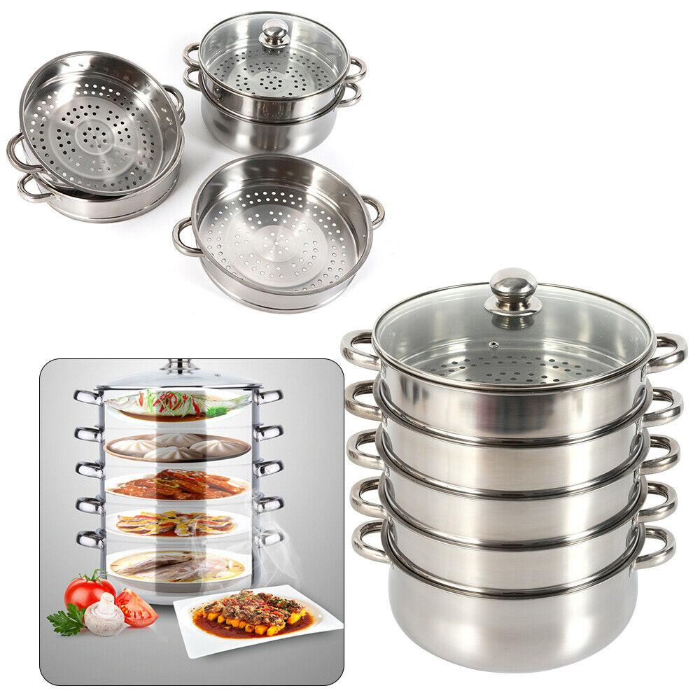 Vegetable And Rice Steamer, Stainless Steel 5 Tier Steamer Momo Maker Modak Pasta, Salad Steamer with Lid for Induction Cookers