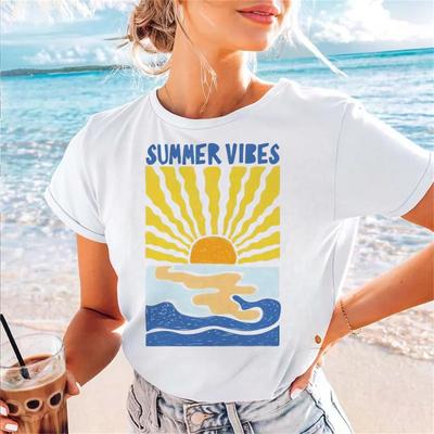 Women's Watercolor Summer Pattern Seaside Vacation Trendy Printed T-Shirt Short Sleeve Casual Women's Clothing Printed New Top