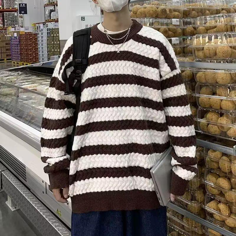 Striped Sweater Men's Autumn and Winter Lazy Japanese Loose Coat Retro Trendy Brand Winter Thickened Long-sleeved Knitted Sweater