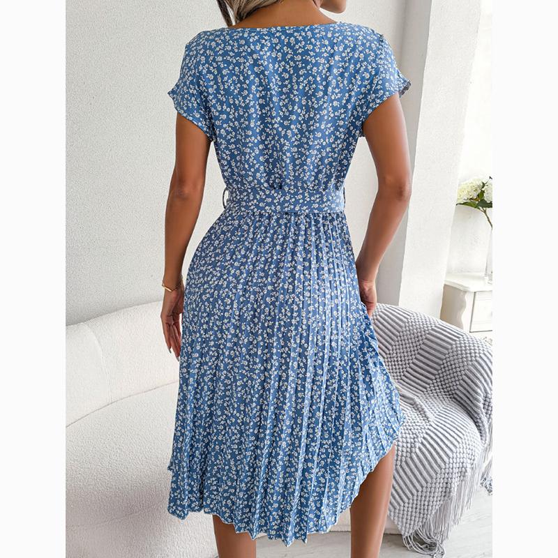 New Summer Short Sleeve Casual Dress Women Sexy Floral Print Pleated Dress for Women Summer High Waist A Line Loose Dresses 24116