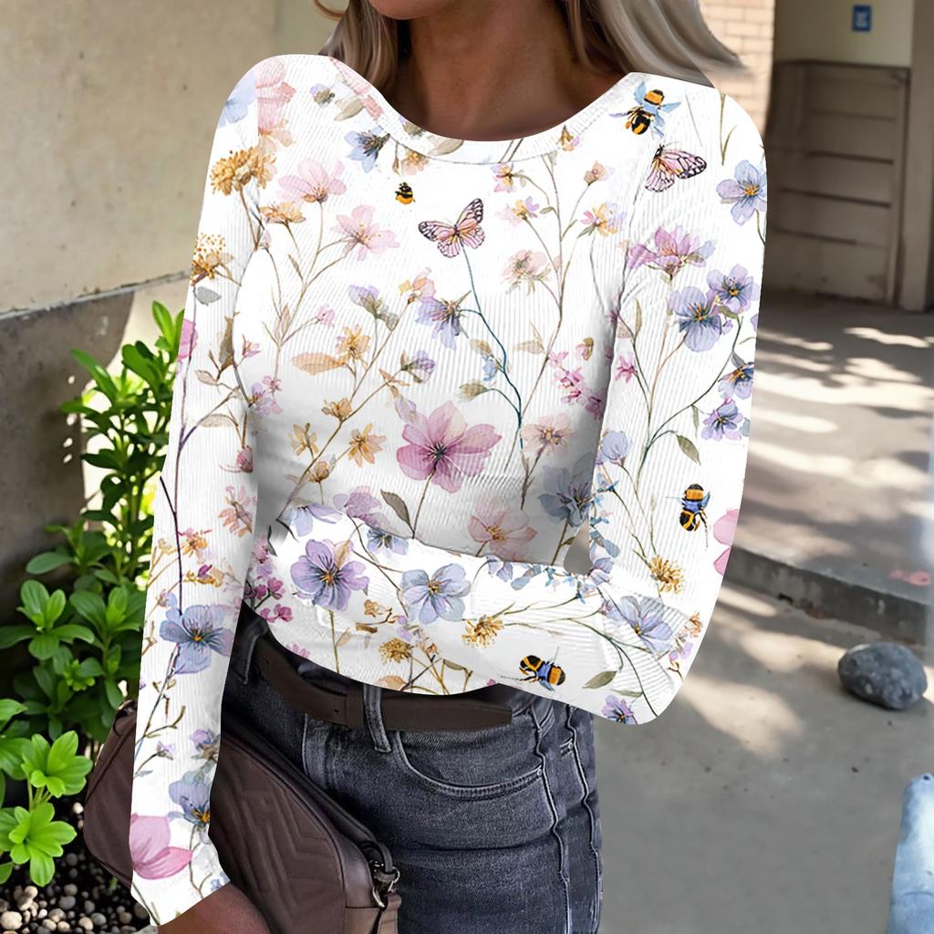 Women’s Casual Long Sleeve Crew Neck Top with Floral Print Ribbed Texture Lightweight Pullover Blouse for Everyday Wear