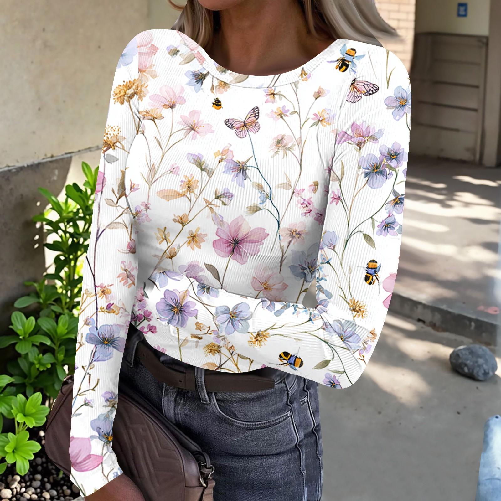 

Women’s Casual Long Sleeve Crew Neck Top with Floral Print Ribbed Texture Lightweight Pullover Blouse for Everyday Wear XL