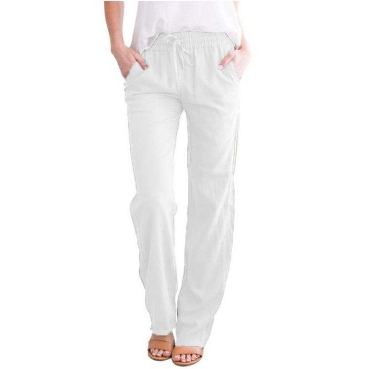 Women Wide Leg Trousers Loose Drawstring Casual Pants Solid Colour Cotton Linen Spring Summer