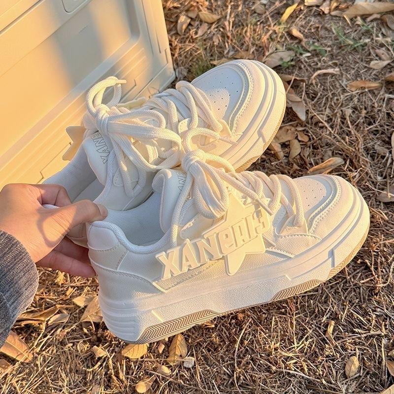 Girls Pink Little White Shoes Children Spring and Autumn New Ins Trendy Letters Versatile Leather Thick Baseplate Shoes