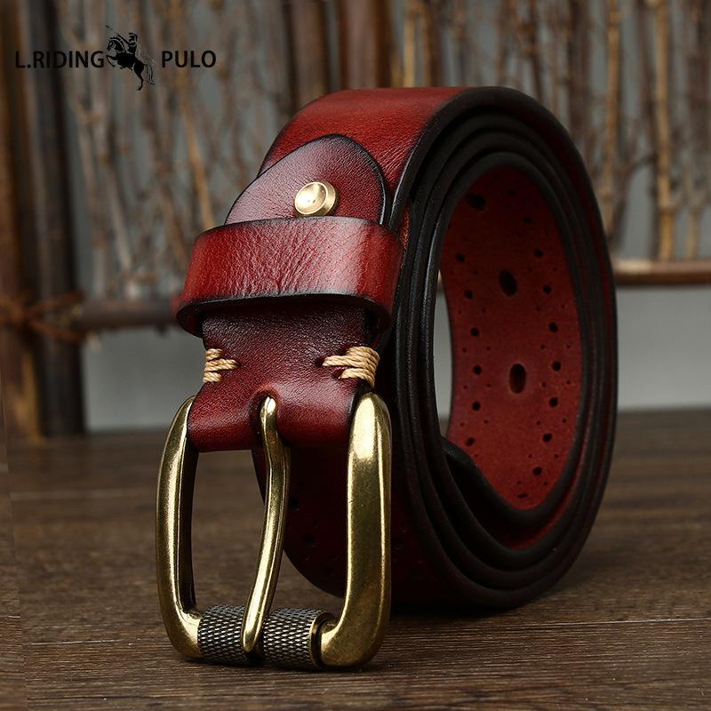 New Retro Fashion Personality Trend All-match Hollow First Layer Cowhide Pin Buckle Belt Men's Leather Jeans Belt
