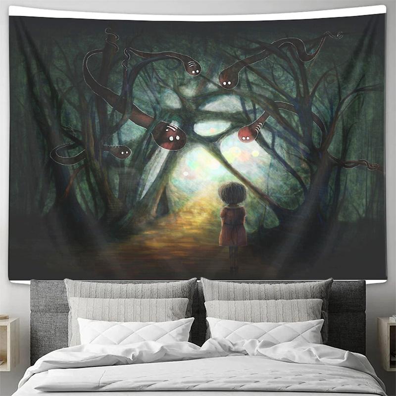 Dark Forest Tapestry Mystical Woods Wall Hanging Gothic Home Decor Nature Landscape Fantasy Art Spooky Vibes Halloween Decor Roo