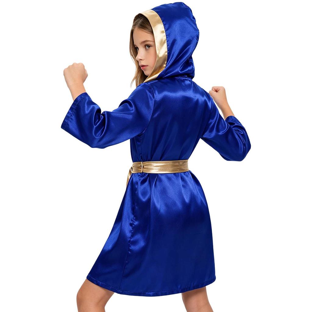 Unisex Kids Fight Wear Floral Vest Shorts Set with Hooded Robe Belt Metallic Trim for Boxing Kickboxing Practice