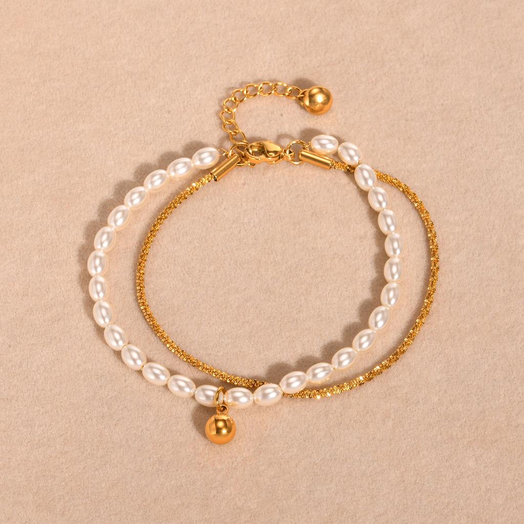 Double Layer Stacked Bracelet Stainless Steel Gypsophila Chain Imitation Pearl Ball Bracelets For Women Gold Color Jewelry
