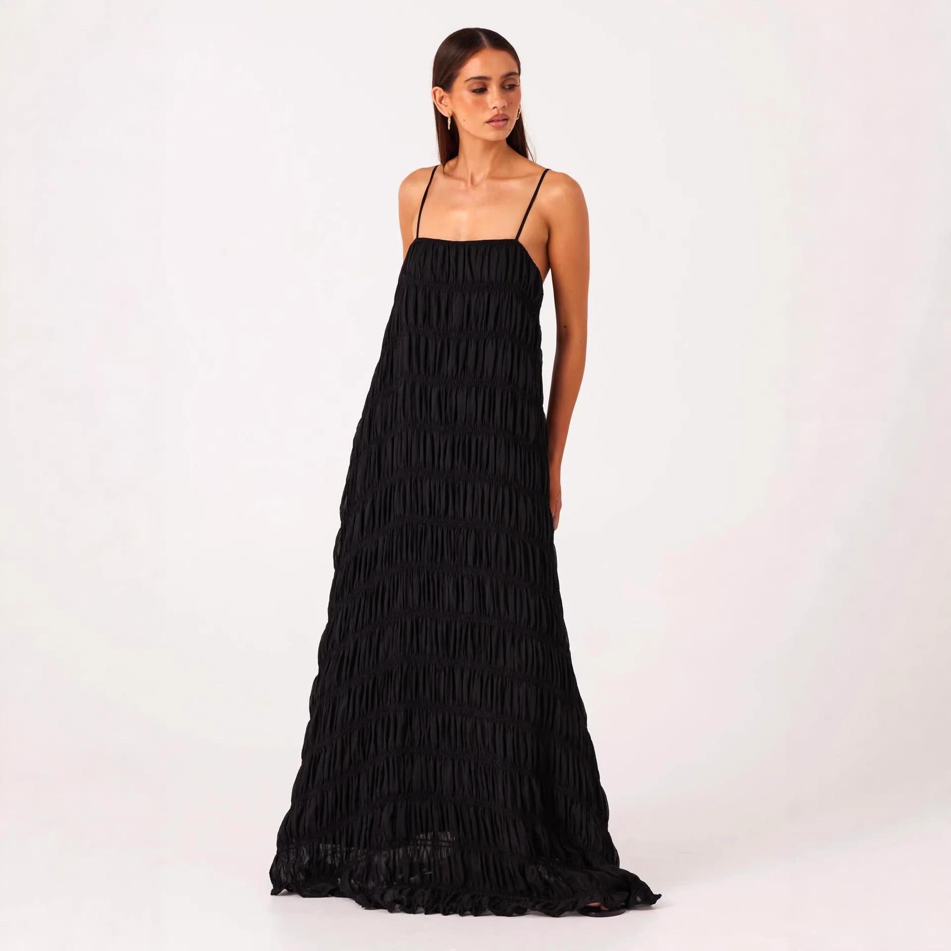 

Women s summer new European and American halter pleated breathable lace-up lotus leaf dress long dress women XL чорний