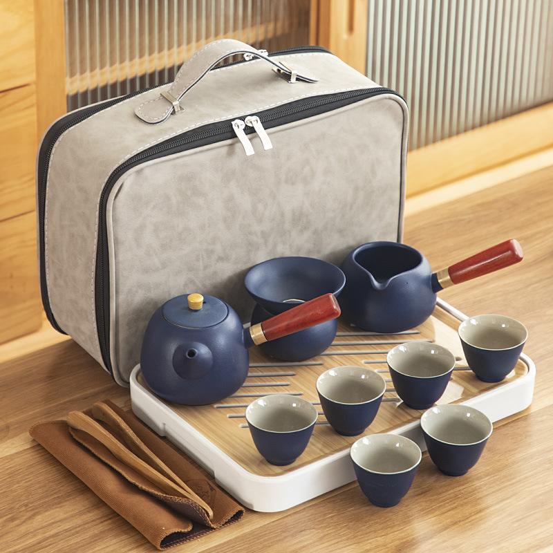Black pottery Kung Fu tea set, cheap ceramic side handle pot with tea tray, portable complete set of business gifts