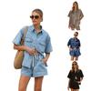 Summer Women's Oversized Pocket Short Sleeve Shirt & Shorts Denim Two-Piece Set