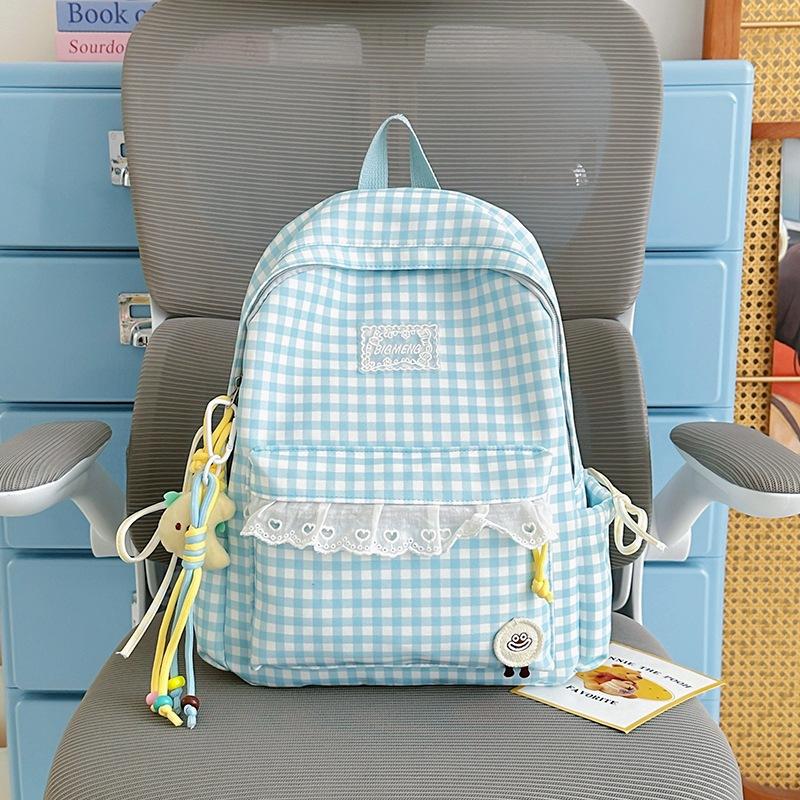 Schoolbag Korean fresh plaid corrugated backpack girl heart lace small schoolbag girls junior high school students female commuter bag