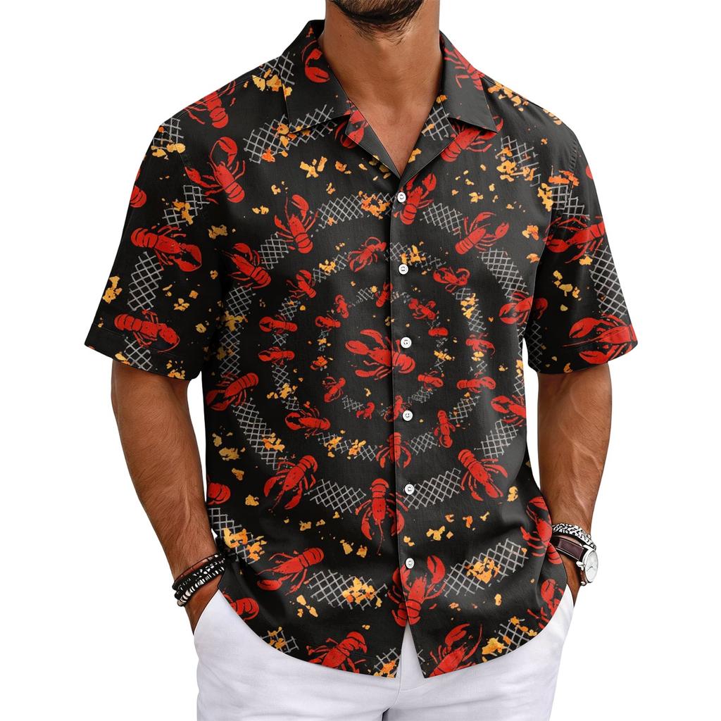 Camicia da uomo estiva basic con colletto cubano a maniche corte, bottoni, casual, leggera, stampa hawaiana con aragoste