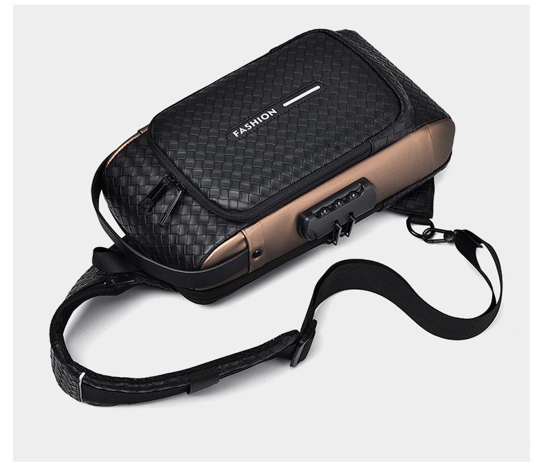 Mens Fashion Casual Woven Sling Bag Large Capacity Chest Bag Waterproof Pu Leather One Shoulder Sport Cycling Bag
