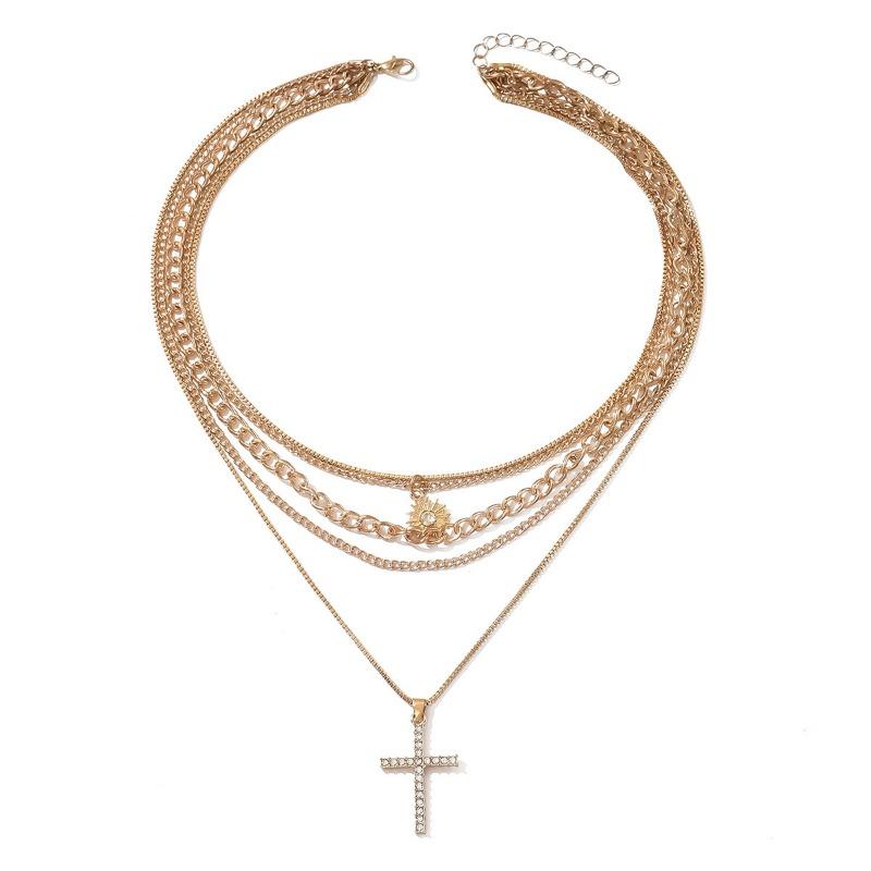 Diamond-encrusted cross necklace jewelry women's multi-layer stacked wearing personalized high-end sun collarbone chain