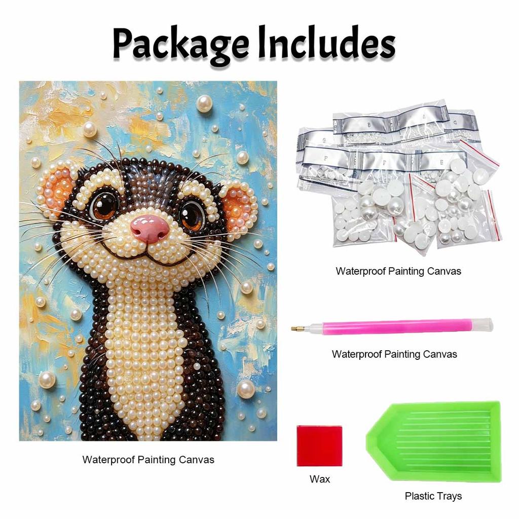 Relaxing DIY Pearl Painting Kit Framed with Cute Ferret Animal Design 5D Sparkling Bead Canvas Craft for Girls Bedroom Wall Decor Gift