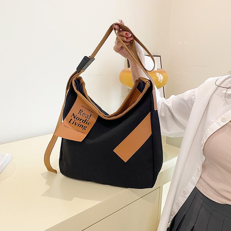 Women's bag canvas bag new shoulder bag fashionable contrasting color handbag wide shoulder strap bag