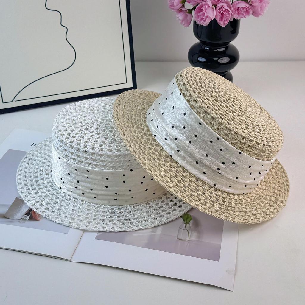 French Flat Top Straw Hat Women's Premium Top Hat Hollow Hat Ribbon Polka Dot Sunscreen Straw Hat Seaside Beach Hat